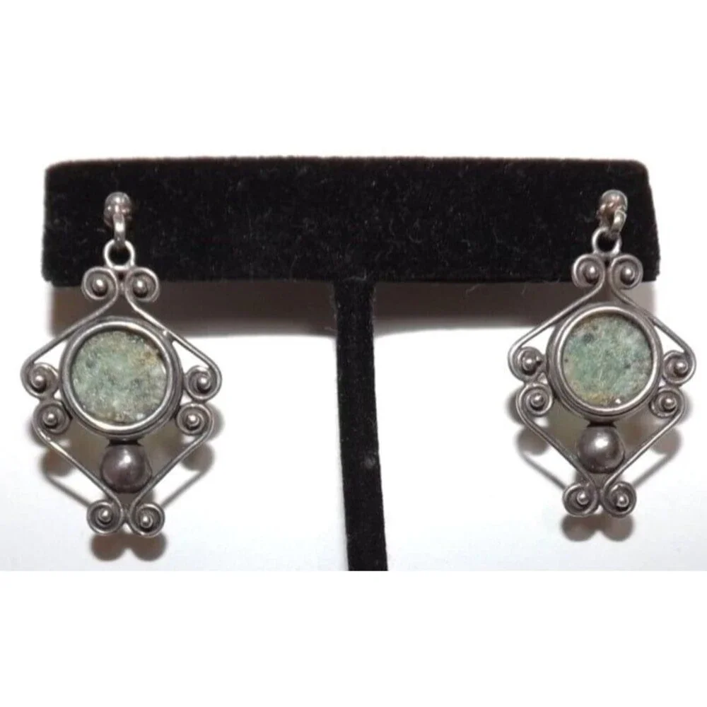 Ancient Roman Glass Vintage Sterling Silver Scroll Dangle Earrings